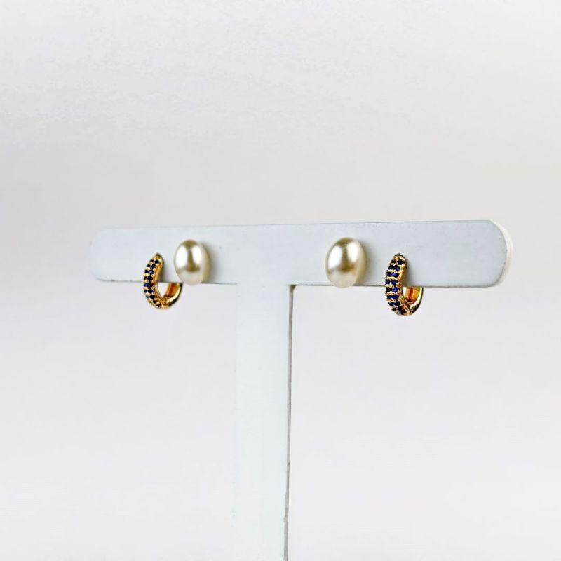 Brinco Duo Pérola e Argola Azul em Zircônias Folheado a Ouro 18k