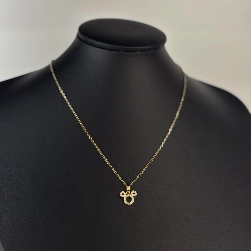 Colar com Pingente Mickey Cravejado em Microzircônias em Aço Inox 316L na Cor Dourado